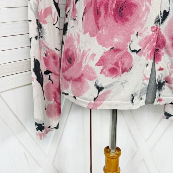 Jones New York Floral Silk Blend V Neck Cardigan Sweater Cream Pink Medium - Picture 6 of 12